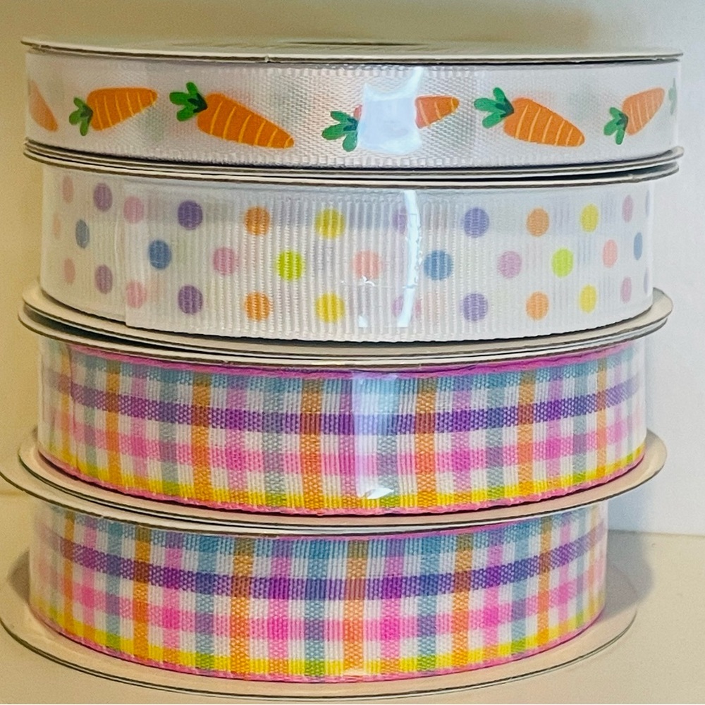 Lot of 4 : Spring Easter Ribbon ,🥕Carrots, Multicolor Polka Dots & Plaid Ribbon